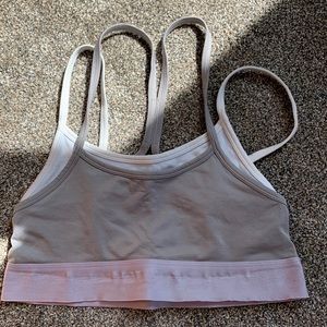 Fabletics Poppy gray, lavender and white crisscross sports bra